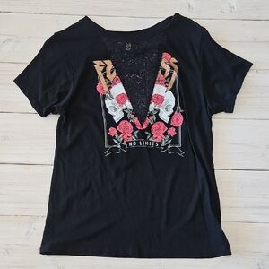 Express Black Floral Graphic V-Neck Tee With Lace Detail